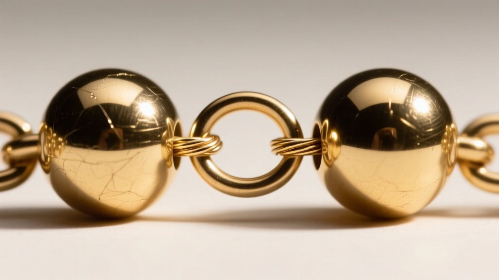 Macro shot of a 10mm brass ball chain connector joint, showing the wire loop linking two highly polished golden spherical beads