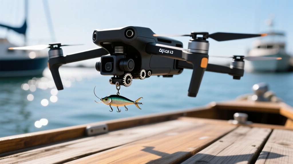 Close-up of DJI Air 3 equipped with a third-party payload release mechanism holding a small fishing lure over a boat deck