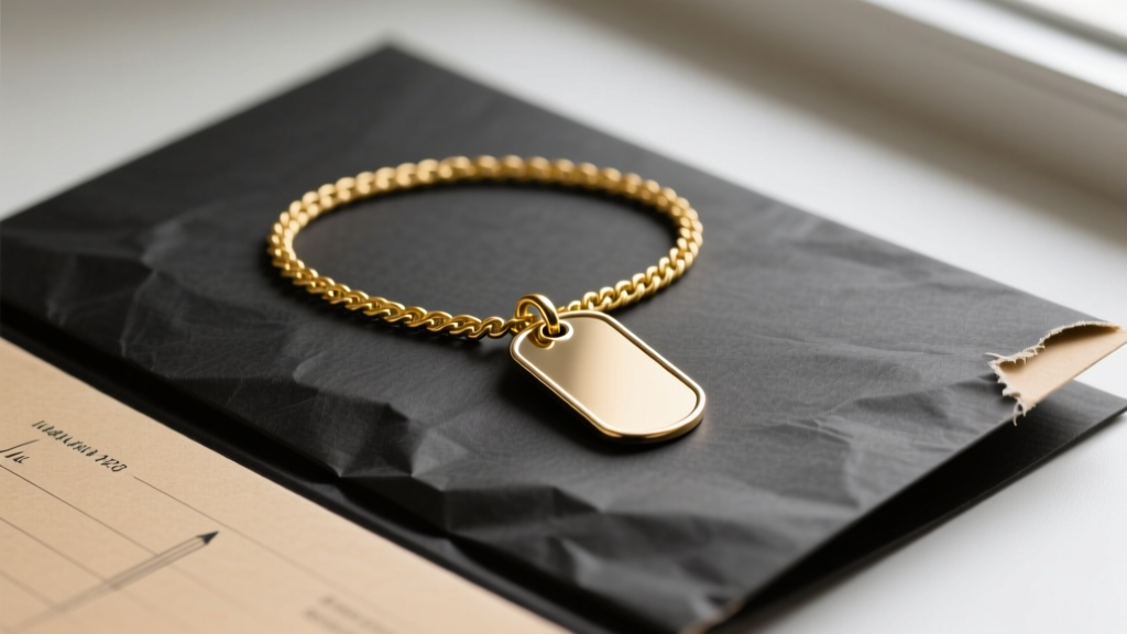Close-up of a 14k yellow gold cable chain holding a brushed metal dog tag pendant resting on a dark manila evidence folder.