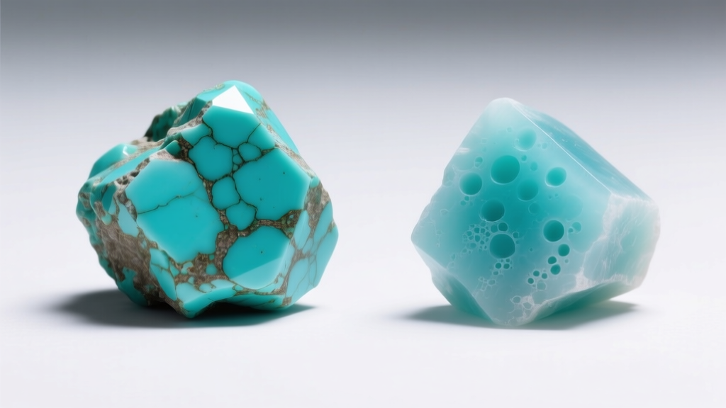 Side-by-side comparison of natural turquoise nuggets and dyed howlite imitations under bright, direct gemological lighting setup.