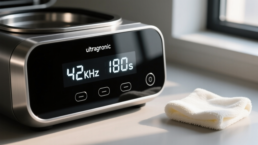 Close-up of an ultrasonic panel showing 42kHz frequency and 180-second timer, with a microfiber polishing cloth resting nearby.