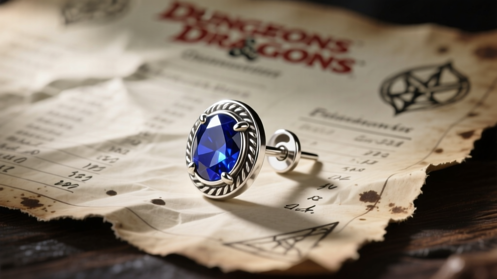 Macro photo of a sterling silver and lapis lazuli stud earring resting on a weathered D&D character sheet, cinematic lighting.