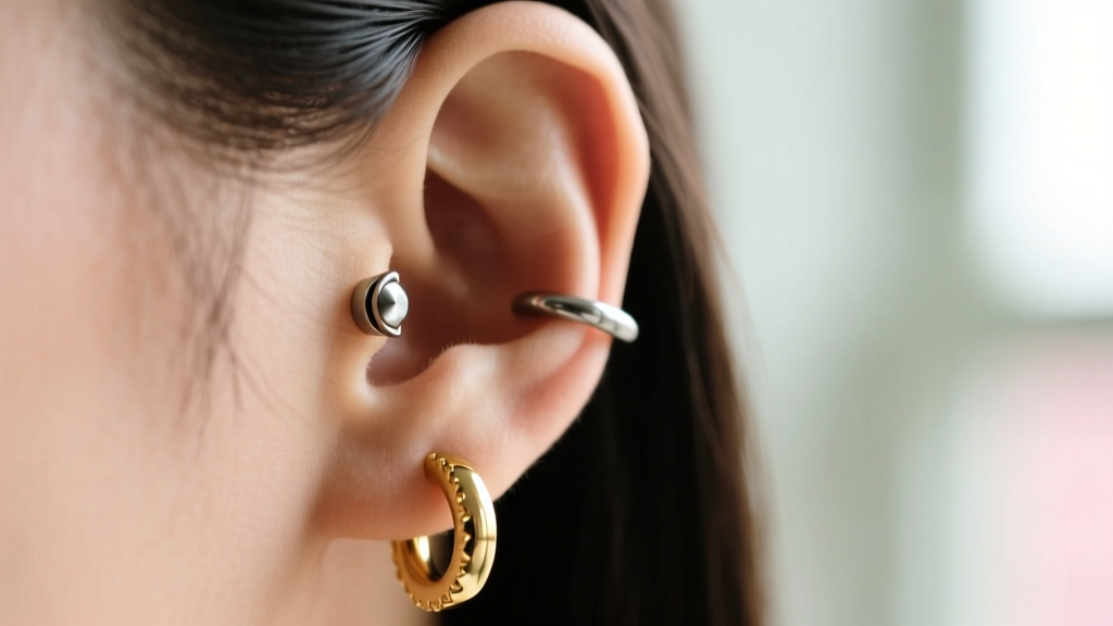 Ear profile showing an 8mm titanium helix clicker and a 10mm gold lobe hoop, sharply focused against a soft, blurred background.