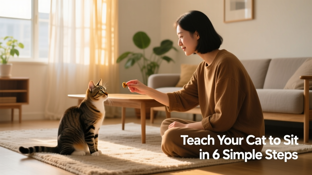 A calm indoor setting with a cat sitting attentively beside a person holding a treat