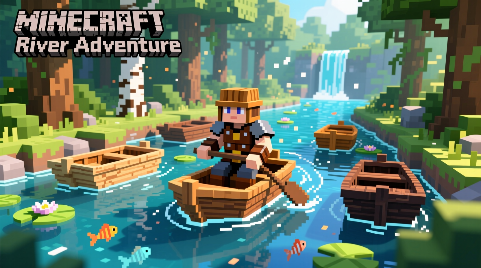 Player riding different wood type boats in Minecraft river