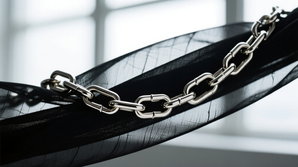 Close-up of a heavy silver paperclip chain resting on delicate black chiffon fabric, showing slight pulling, macro photography.