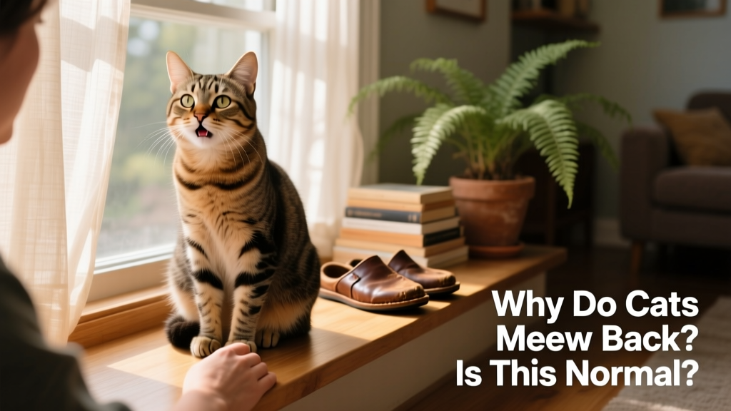 A calm, seated cat gazing steadily at its human, mouth slightly open mid-meow