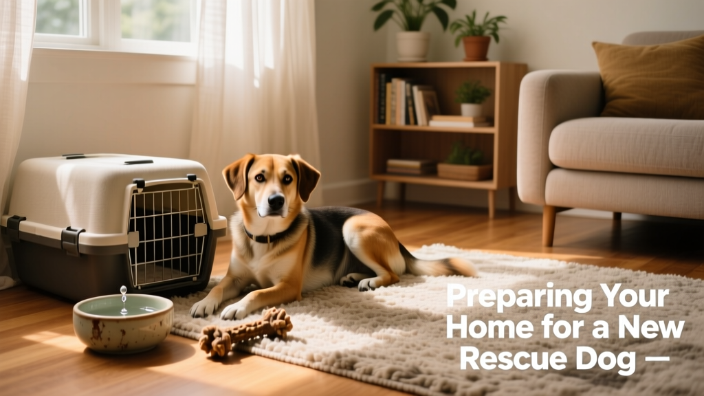 A calm, confident rescue dog settling into a cozy corner of a sunlit living room with a soft crate, water bowl, and chew toy nearby