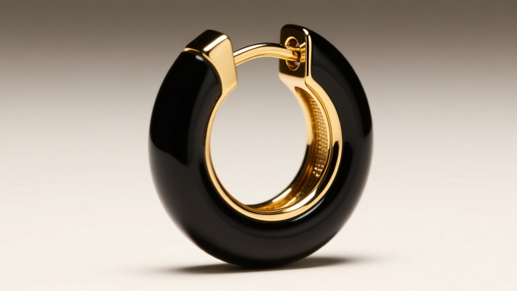 Close-up of a 16-gauge black and gold hoop earring clicker hinge, showing the interlocking clasp under bright studio lighting.
