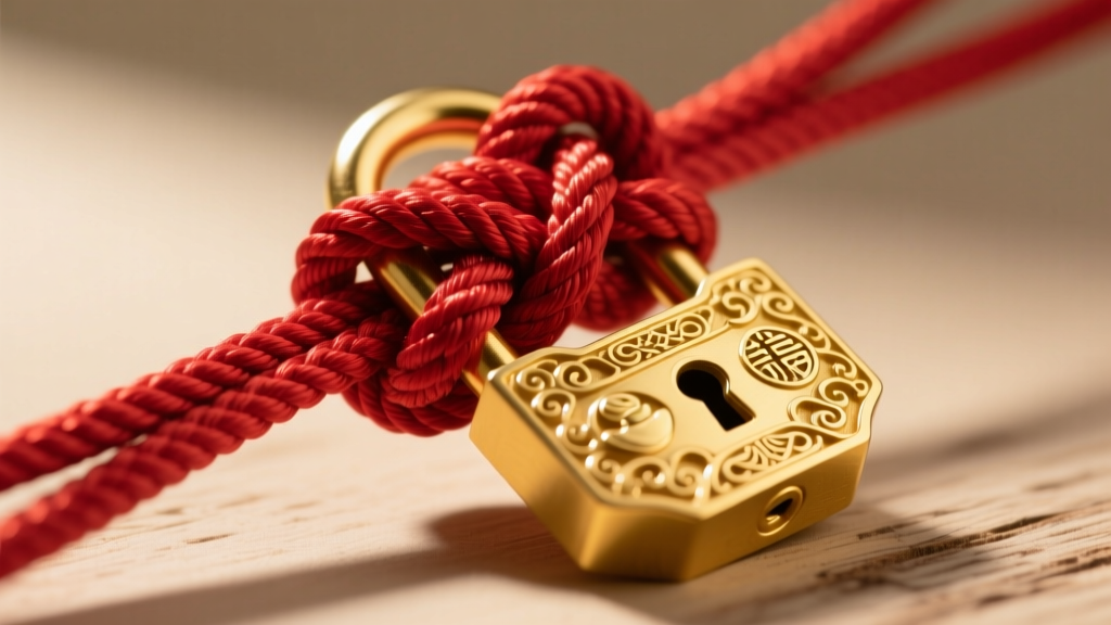 Detailed view of a traditional Chinese sliding friction knot tied with crimson nylon cord, securing a heavy gold longevity lock.