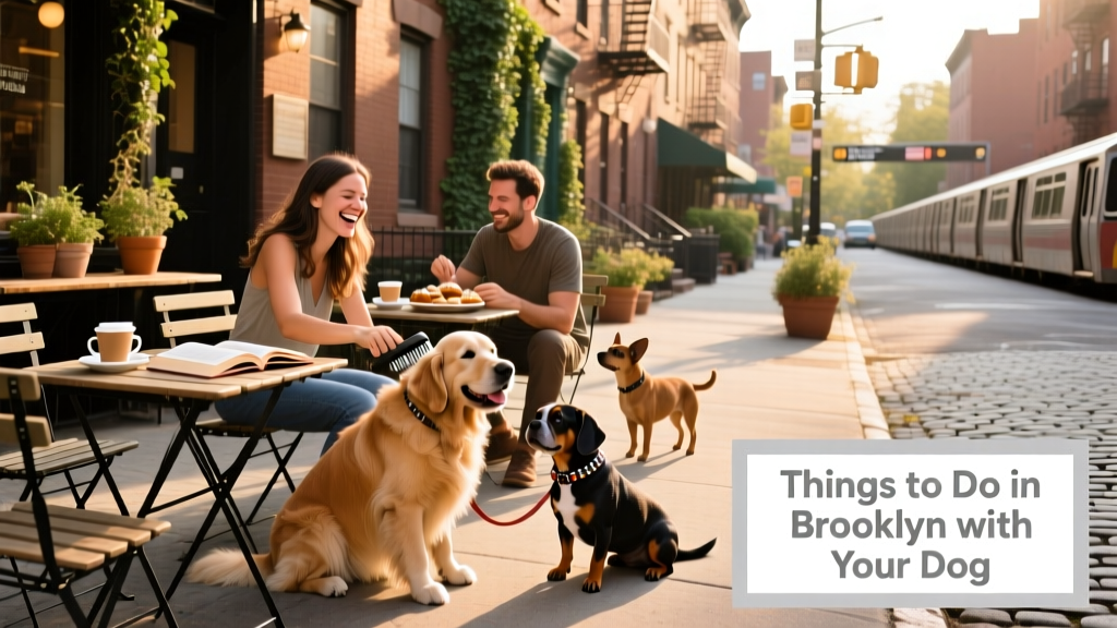 Sun-drenched Brooklyn street with sidewalk café tables and leashed dogs resting nearby