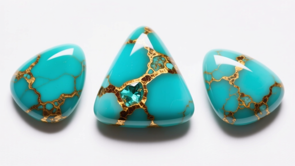 Close-up of three Royston turquoise cabochons with golden-brown limonite webbing against a white background, shot in macro style.