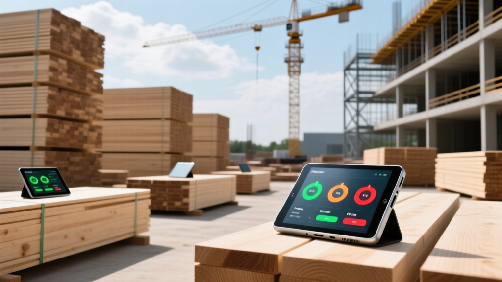 Modern construction site with stacked engineered lumber and smart inventory tracking tablets highlighting supply chain logistics in bright daylight