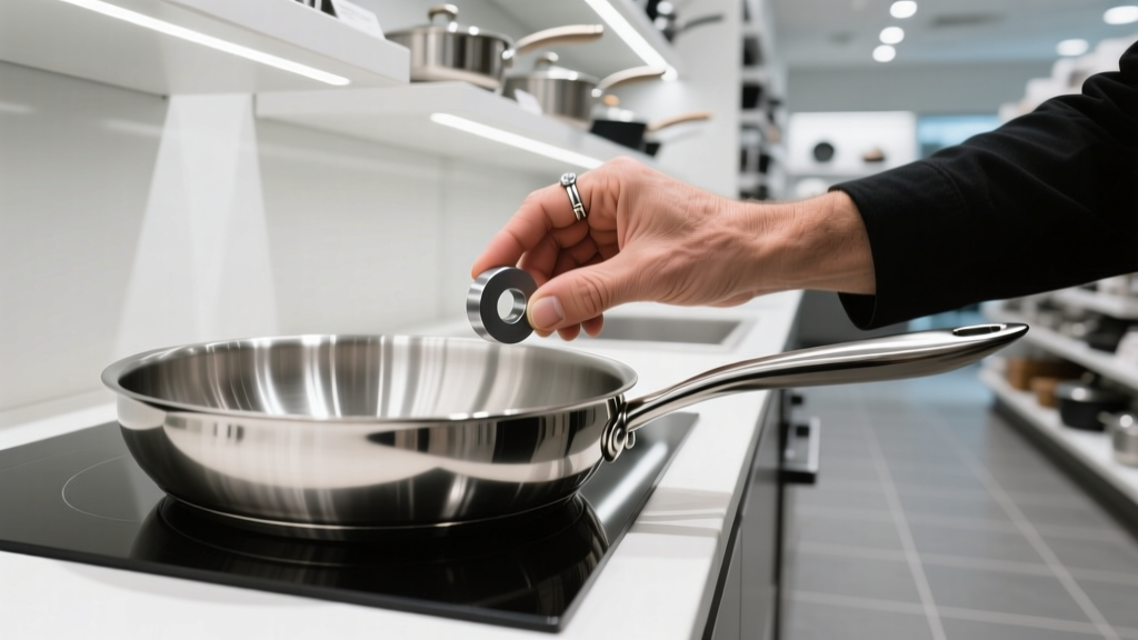 Shopper holding a rare-earth magnet to the base of a gleaming 5-ply stainless steel skillet in a brightly lit kitchen gadget store aisle