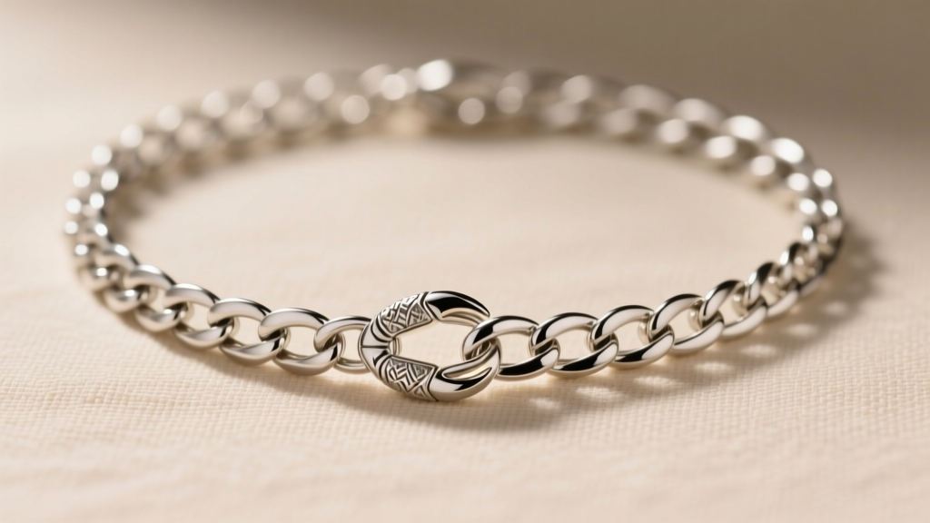 Close-up of a 1.2mm sterling silver box chain necklace with a lobster clasp against neutral beige linen background.