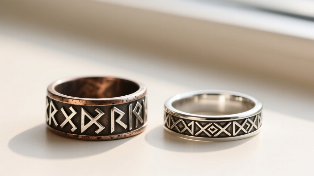 Macro shot comparing a dull zinc Skyrim ring with a polished 925 sterling silver Nord carved ring, showing crisp rune engravings