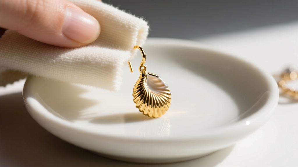 Close-up of a soft microfiber cloth gently polishing a delicate gold vermeil seashell drop earring over a ceramic jewelry dish