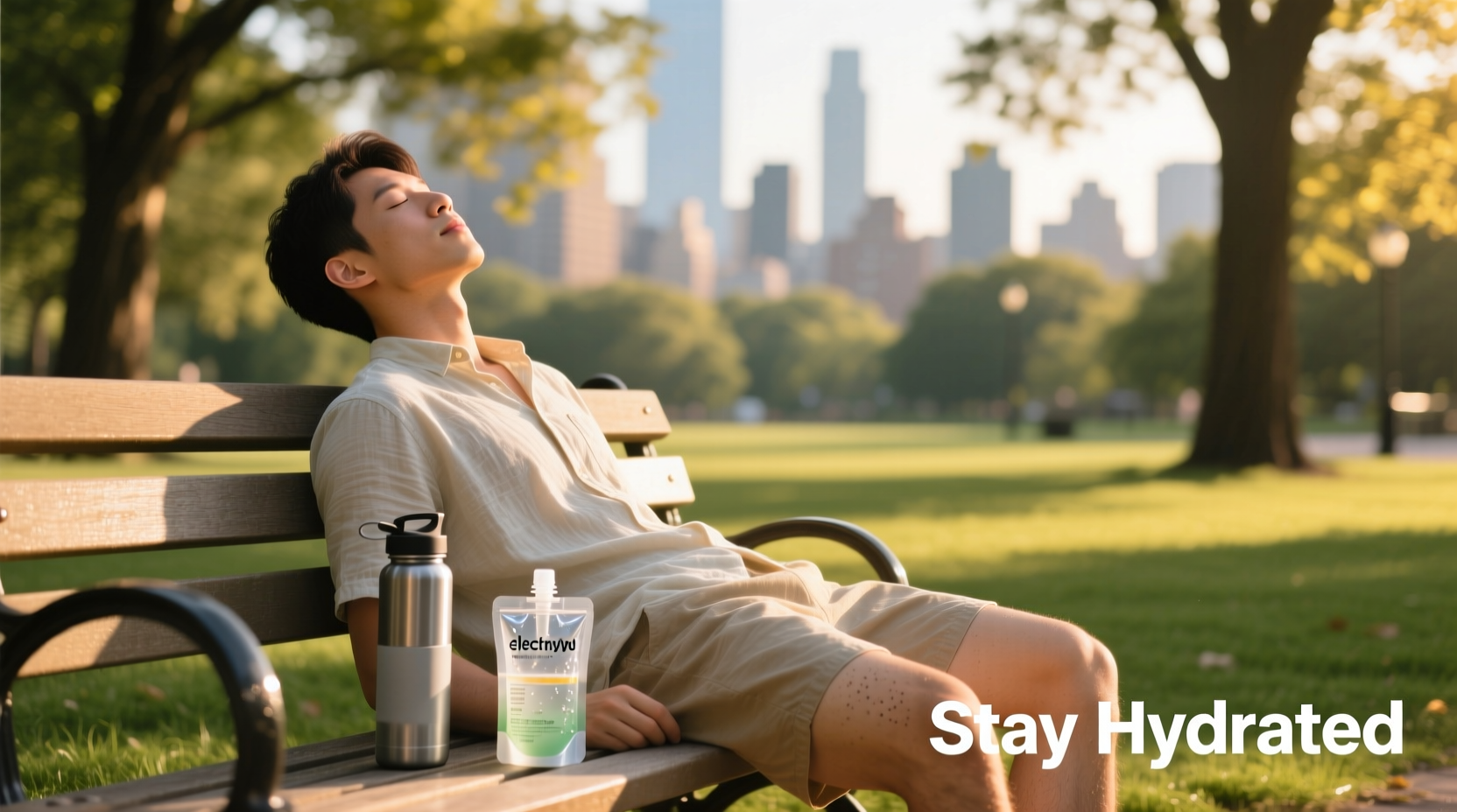 Person resting with water bottle and electrolyte solution