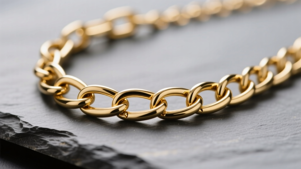 Macro view of 14k gold chunky paperclip necklace on slate, showing flat wire links and soldered joints under bright studio light