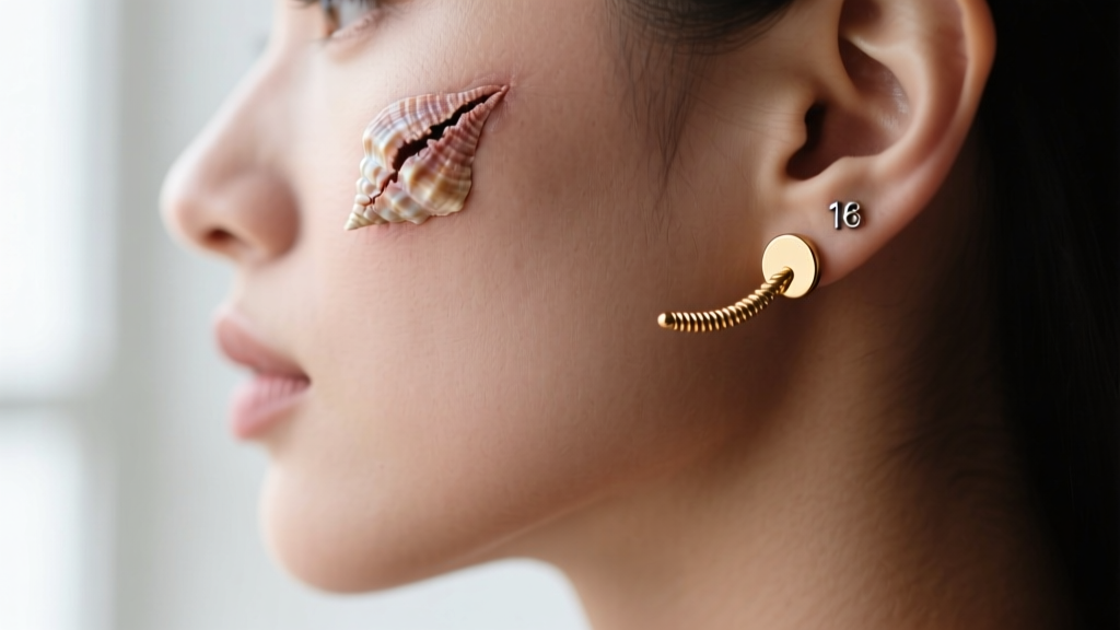 Side profile of a healed conch piercing wearing a 16-gauge 18k rose gold threaded labret stud with a minimalist flat disc top.