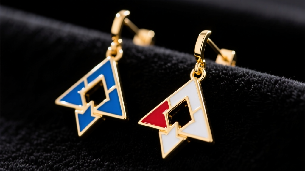 Close-up of gold-plated brass Triforce dangle earrings on dark velvet, showcasing crisp hard enamel detailing and sharp edges.