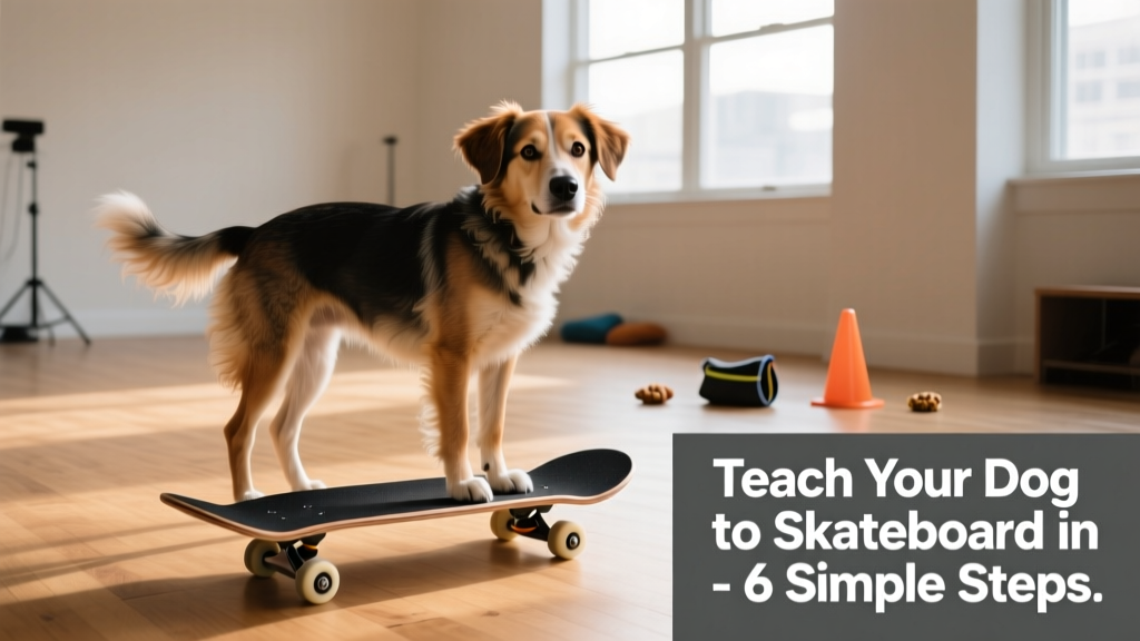 A calm, medium-sized dog standing confidently on a skateboard in a quiet indoor space