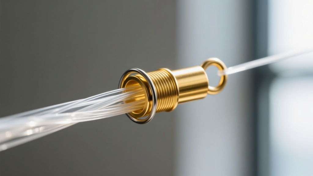Macro photography of a 1mm gold crimp tube securing a clear fluorocarbon line with a wire guardian loop at the clasp
