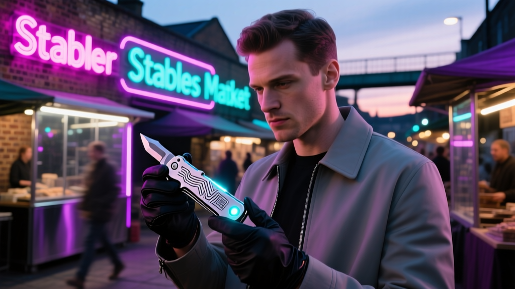 Neon-lit Camden Stables Market at dusk, with a man inspecting a glowing, custom-machined cyberpunk EDC tool at a stall.