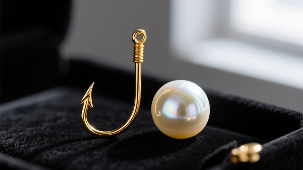 Macro shot of a 16-gauge gold fishhook wire next to a glass pearl and a dense South Sea pearl resting on a dark velvet surface.