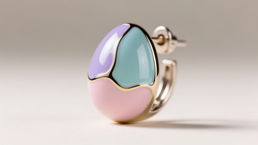 Macro shot of pastel enameled Easter egg earring on brushed titanium, showing glossy resin against raw metal in soft light.