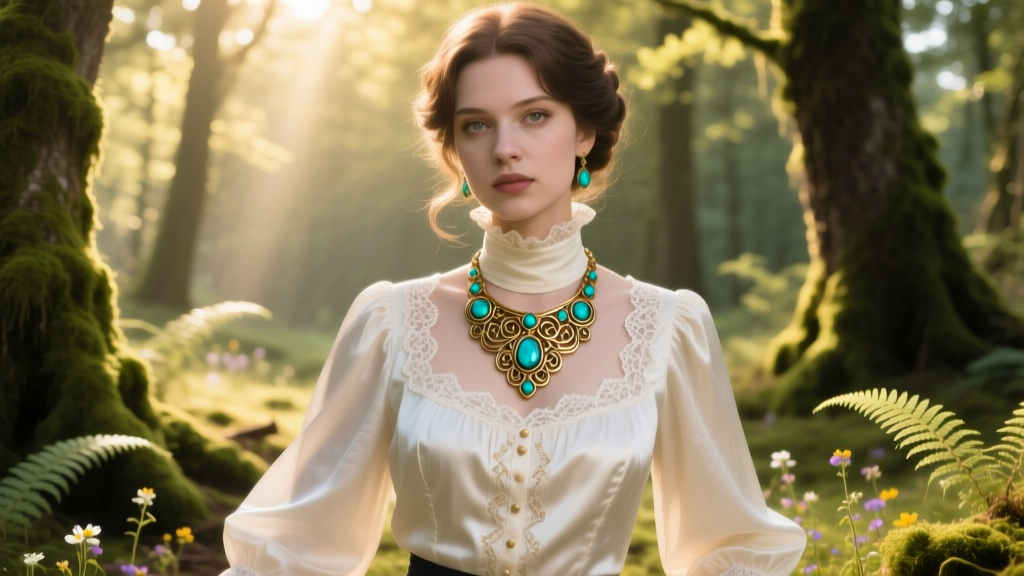 Cosplayer wearing a brass and turquoise necklace over a high-collared 1890s blouse in a sunlit forest clearing outdoor setting.