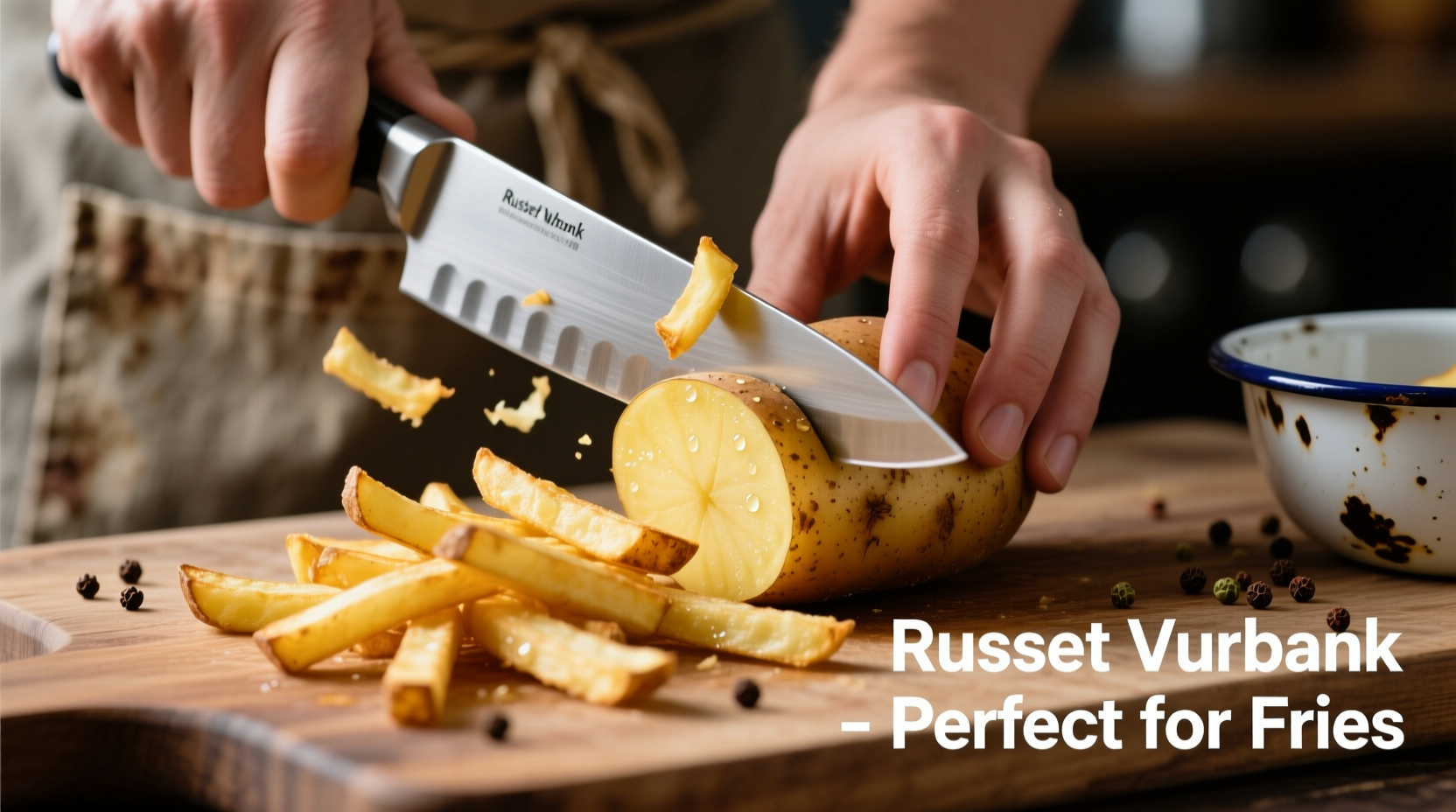 Russet Burbank potatoes being cut for french fries