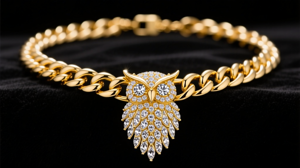 A heavy 14k yellow gold Miami Cuban link necklace featuring a large, fully iced-out owl pendant sparkling under studio lighting