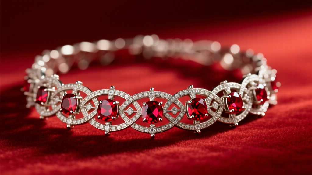 Close-up of a ruby cabaret choker on red velvet, showing intricate filigree metalwork and prong settings under warm light.