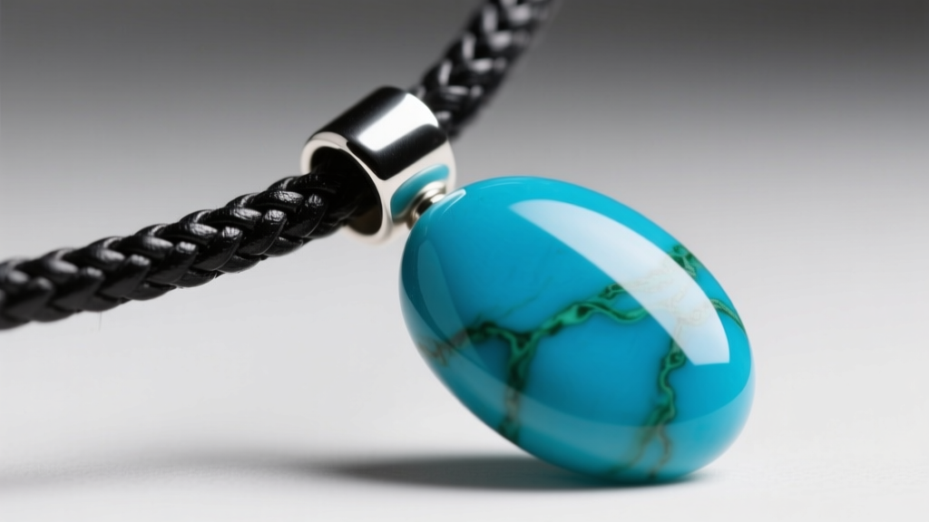 Macro shot of a 2mm black braided leather cord passing through a silver tube bail on a heavy polished turquoise stone pendant.