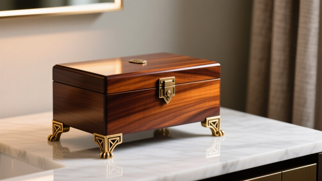 Close-up of a mahogany jewelry box resting on ornate solid brass claw feet on a polished marble vanity under soft warm lighting.