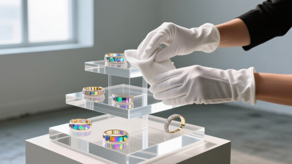 Hands in white cotton gloves wiping a tiered acrylic bracelet display with a microfiber cloth and specialized plastic polish.