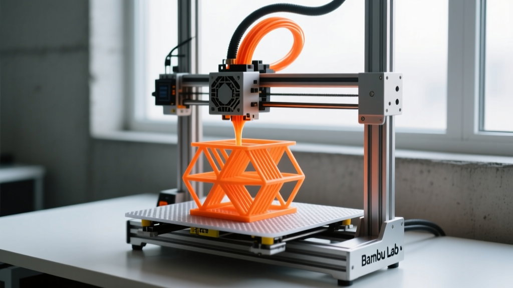 Bambu Lab X1 Carbon 3D printer extruding neon orange PETG filament to create a geometric desk organizer on a textured PEI build plate