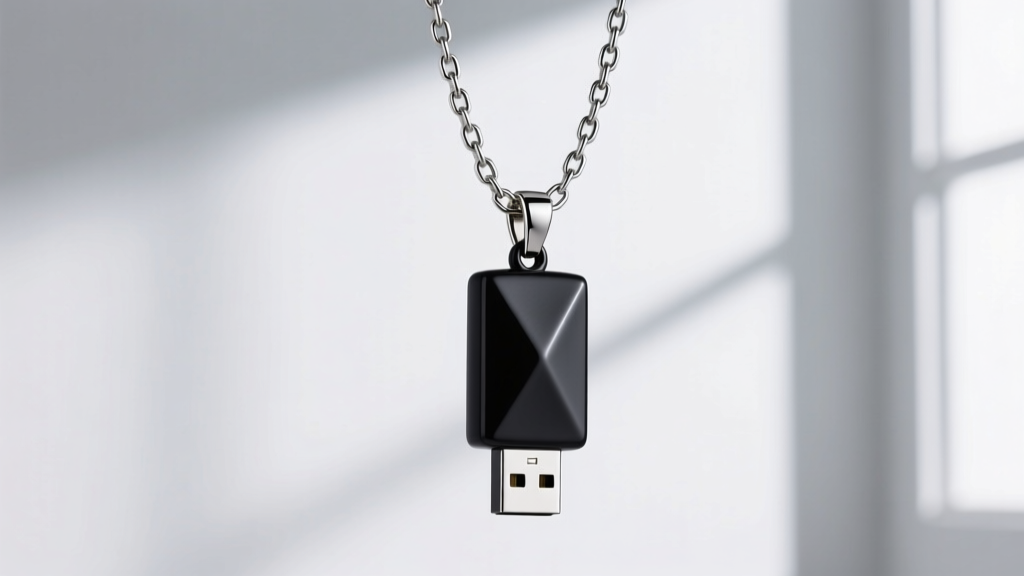 A 1.5mm stainless steel box chain with a lobster clasp attached to a sleek, minimalist black ceramic USB drive pendant.