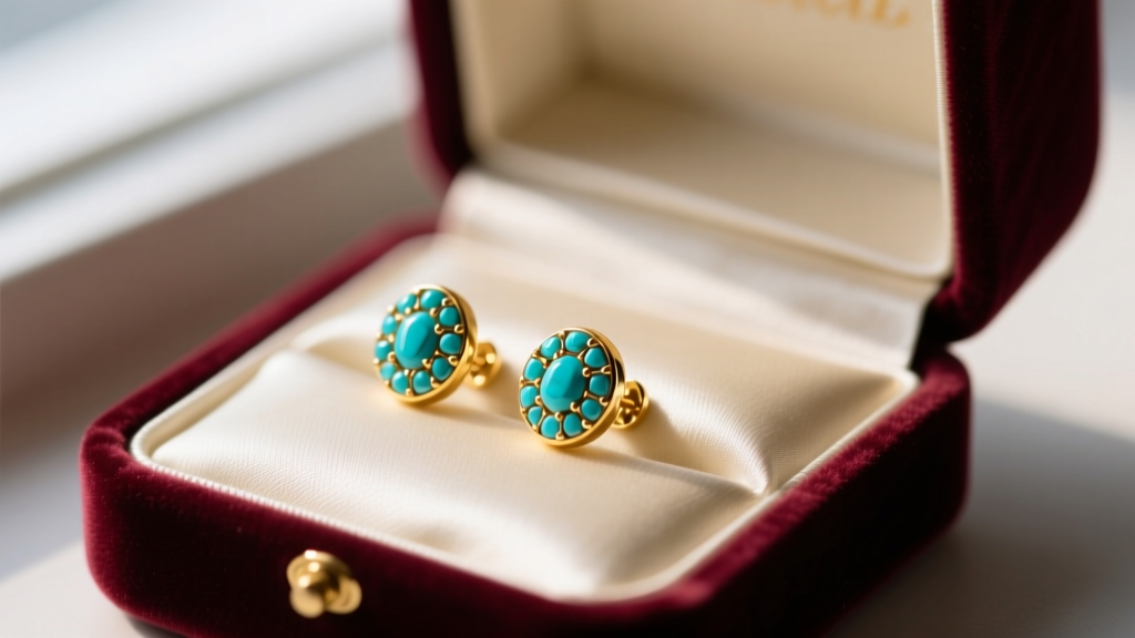 Open velvet box revealing 14k gold small turquoise stud earrings on cream silk, soft light highlighting the dark stone matrix.