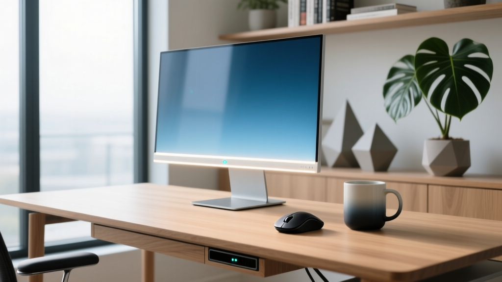A modern minimalist home office desk in 2026 featuring a glowing monitor light bar, smart mug, and wireless ergonomic mouse.