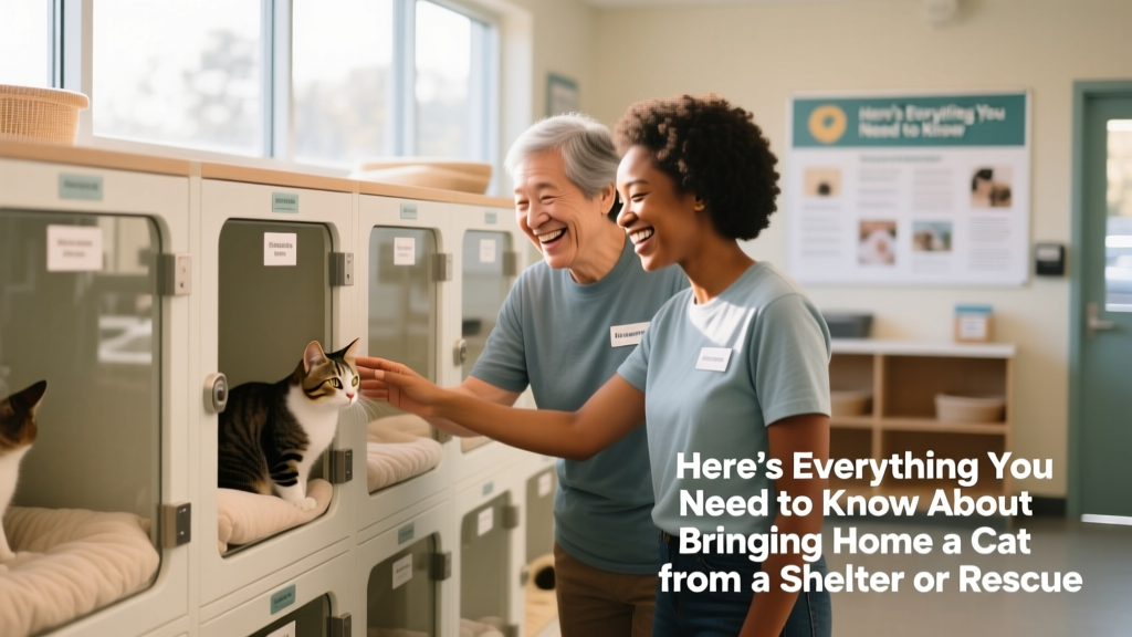 Two volunteers smiling beside a row of clean, cozy cat enclosures at a well-lit shelter facility