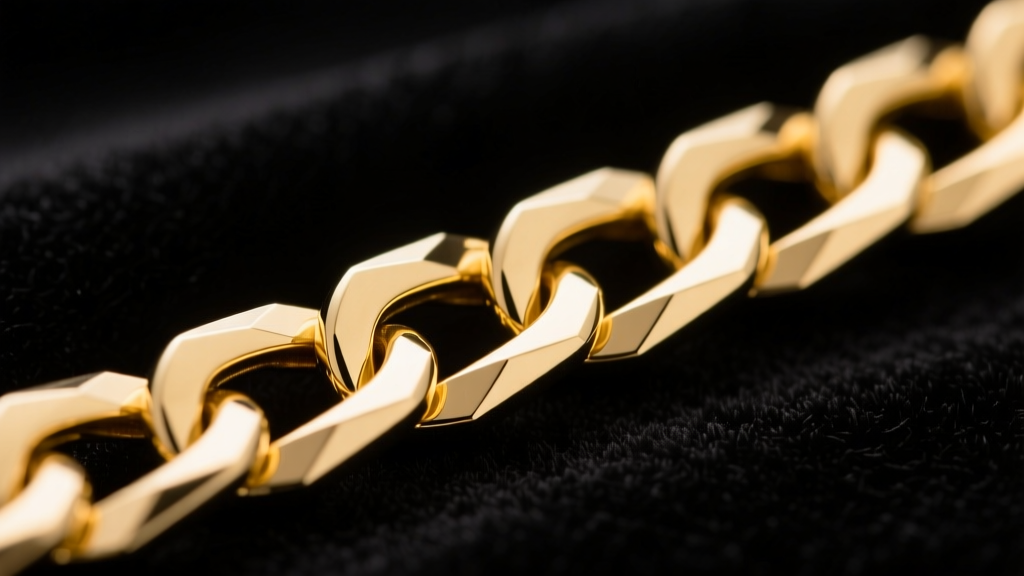 Macro photo of a solid 14k yellow gold Quincy chain necklace link geometry, highlighting diagonal bevel cuts against black velvet.
