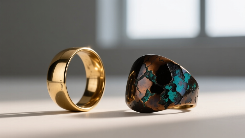 Comparison of raw brass jewelry component and one treated with liver of sulfur to create a dark, antique oxidized patina finish