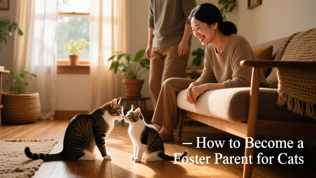 A family gently introducing their resident cat to a new foster kitten in a calm, supervised setting