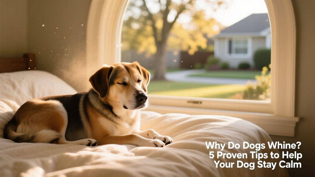 A dog curled up calmly on a cozy bed beside a window, looking relaxed and content