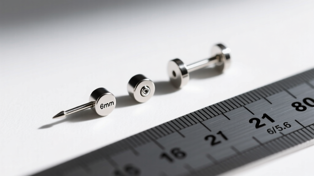 Close-up of 18-gauge steel flat back earring posts next to a ruler, showing 6mm and 8mm lengths for fresh cartilage piercings