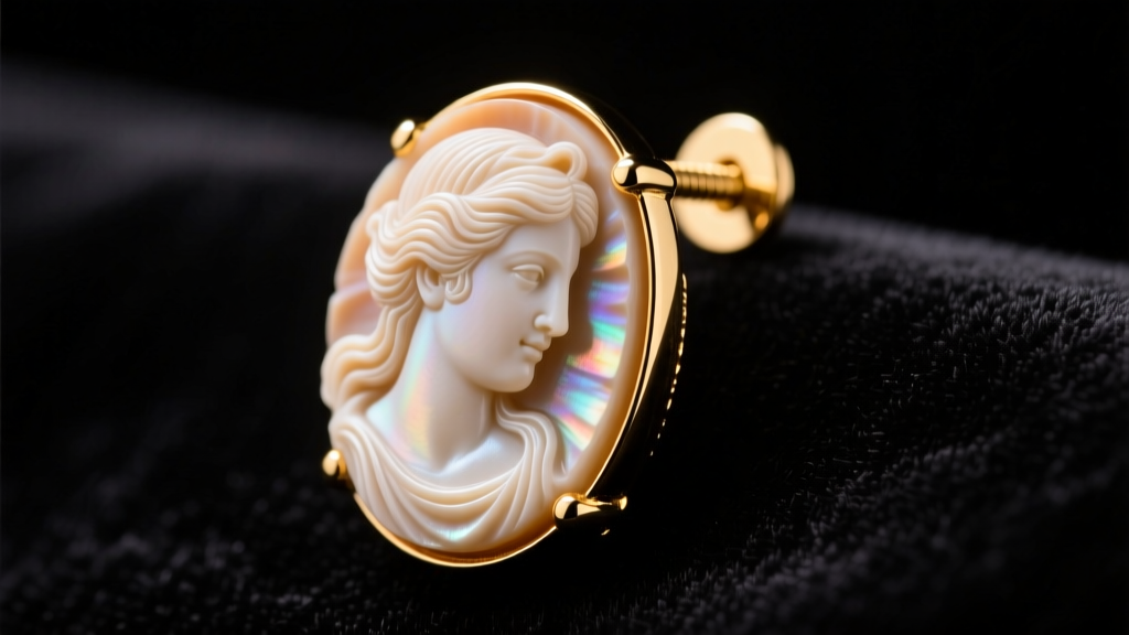 Close-up of a carved shell cameo earring with a 14k gold screw back fitting resting on dark velvet under warm studio lighting