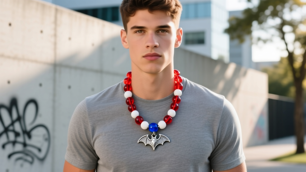 Youth player wearing a custom red, white, and blue acrylic bead necklace with a small metal bat charm over a grey cotton t-shirt.