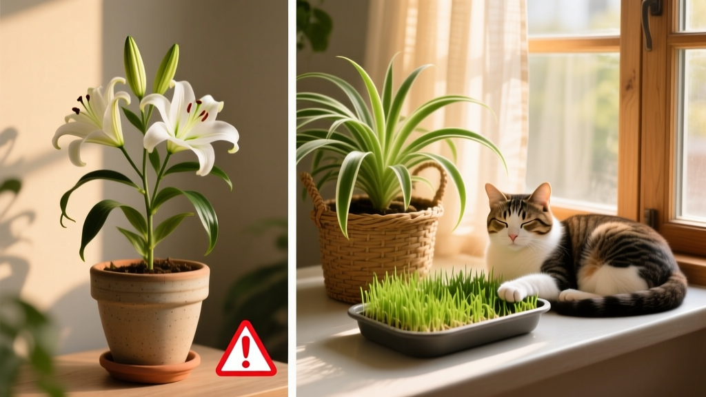 Side-by-side comparison: left shows a potted lily with warning icon; right shows a thriving spider plant and cat grass tray beside a relaxed cat napping on a window perch
